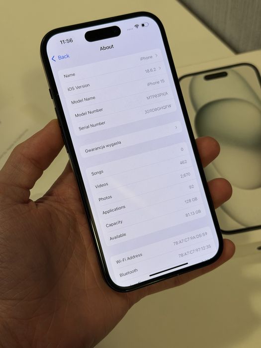 iPhone 15 Czarny z Pudełkiem, bateria 84%