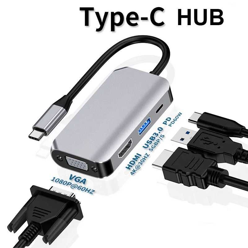 Hub Хаб 4в1 для Macbook, Ноутбук HDMI USB 3.0 TypeC Ethernet RJ45 Хаб