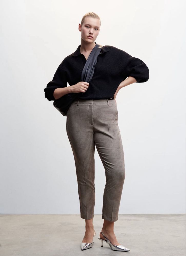 Mango spodnie damskie plus size brąz pepitka r.50