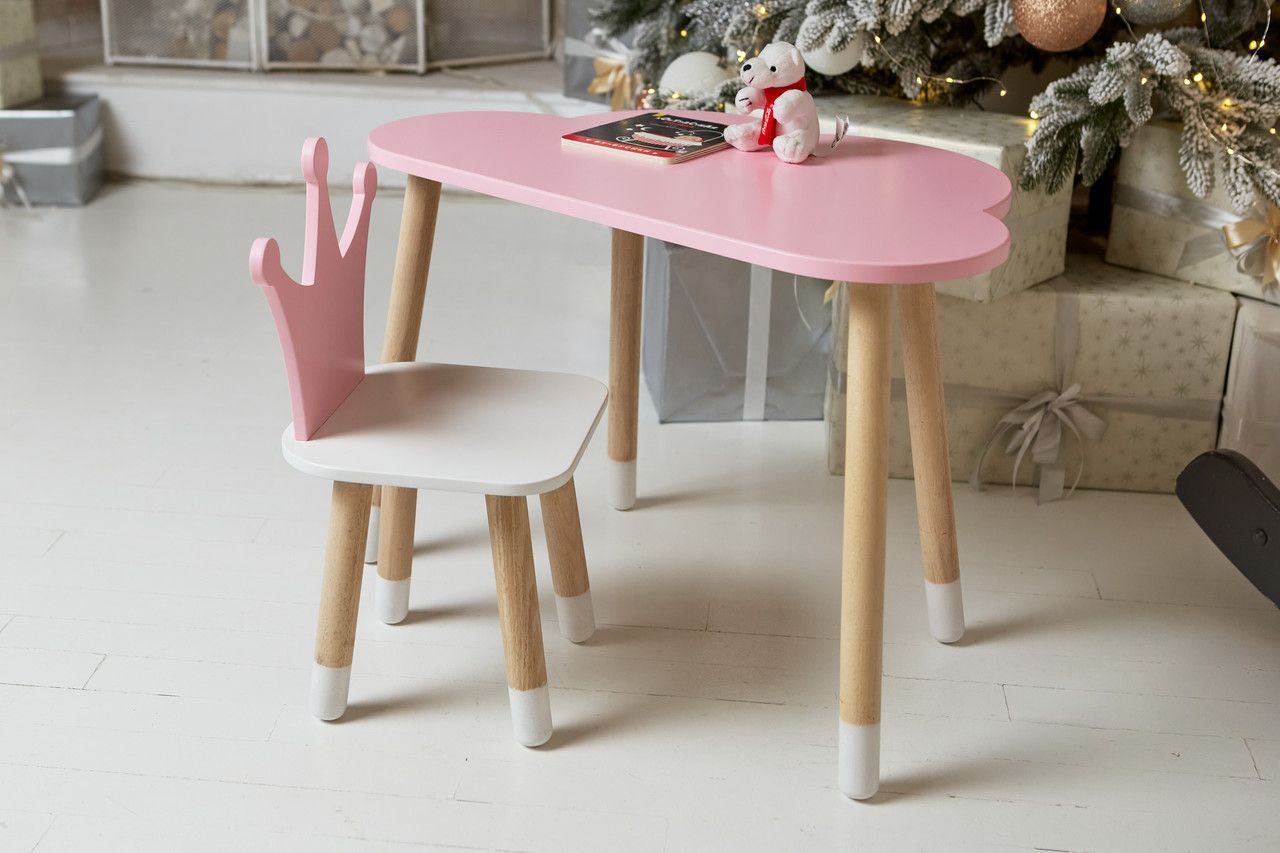 Дитячий столик хмарка і рожевий стільчик коронка з білим сидінням