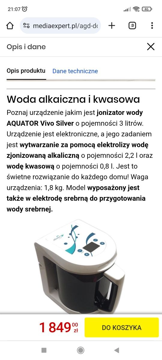 Jonizator wody Aquator VIVO silver plus książka