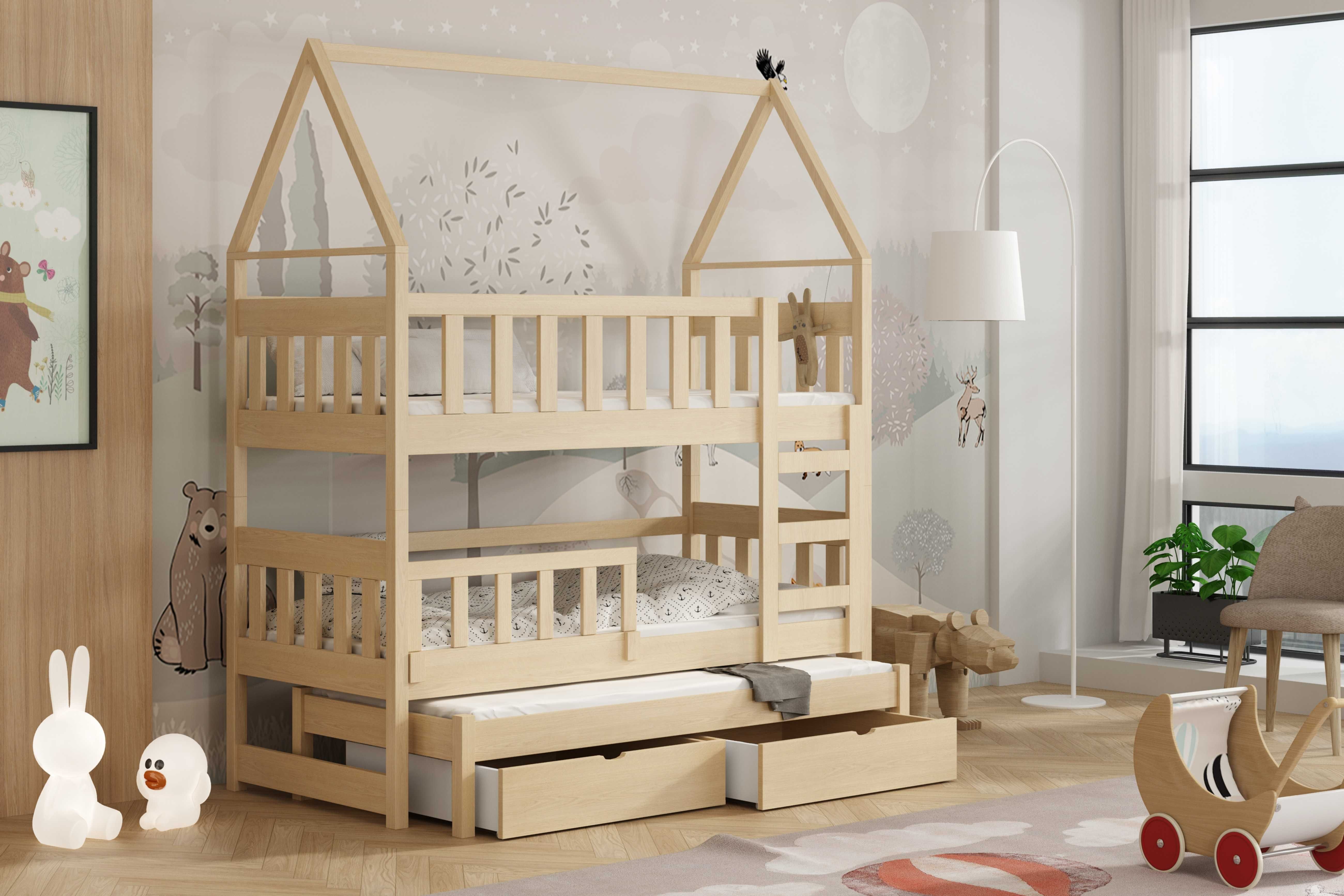 Trzyosobowe łóżko piętrowe dla dzieci OLA domek - sosnowe drewno
