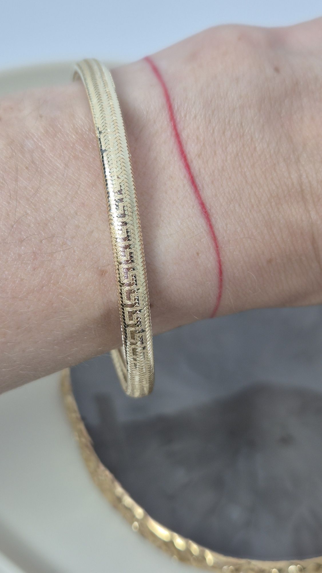 Nowa złota bransoletka bangle sztywna elastyczna grecki wzór mesh 585