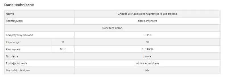 Gniazdo SMA zaciskane na przewód H-155 złocone Kod.: E845601