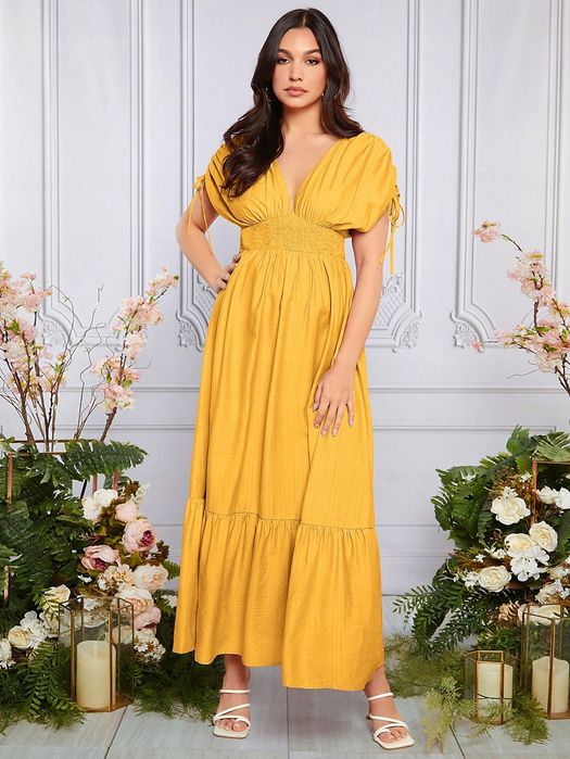 Sukienka Ciążowa Rozkloszowana Z Falbankami Casual Maxi Żółta Shein Xl