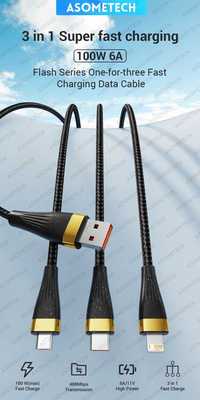 KABEL 3w1 Szybkie ładowanie USB 6A 100W 2 metry Czarny Mega Mocny