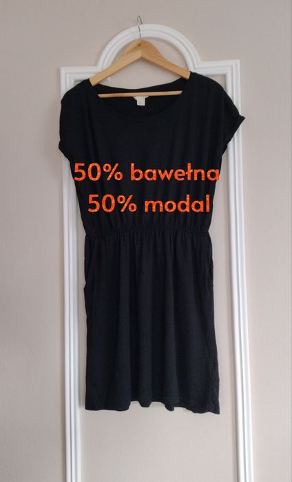 Sukienka damska gładka z bawełny taliowana czarna kieszenie M/L