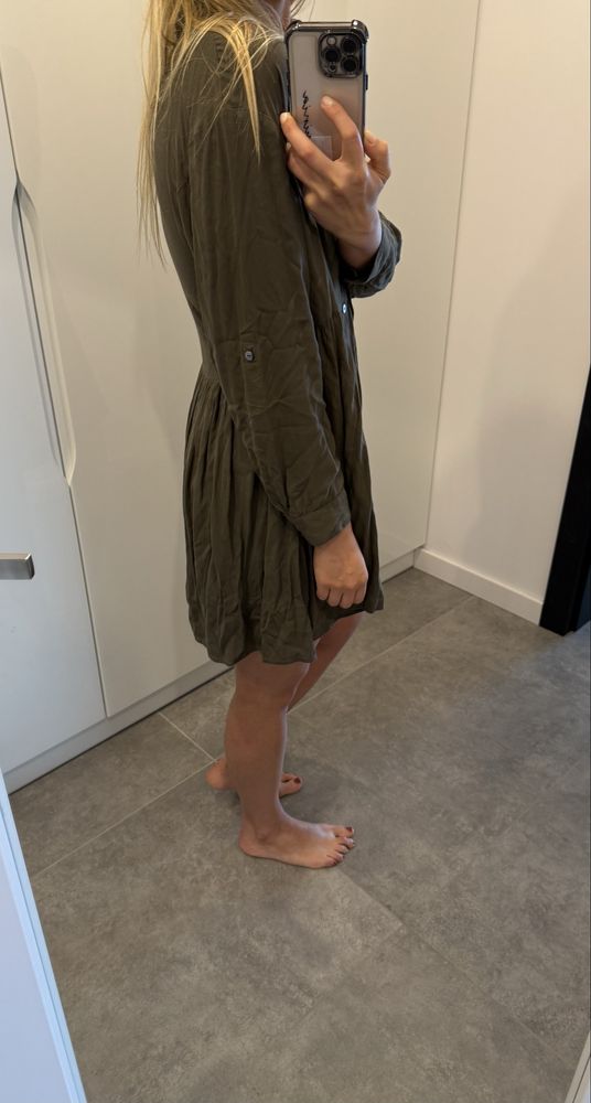H&M 40 L sukienka zielona guziki oversize khaki