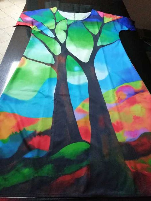 Vestido verão, estampado “2 árvores”, meia manga, polyester, 3XL