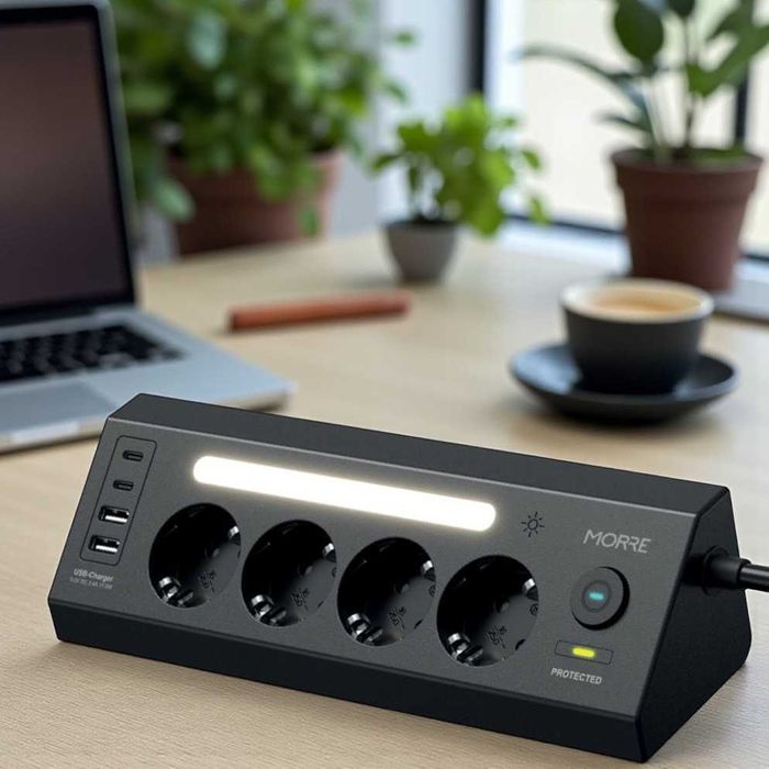 Kутовий подовжувач 3680 Вт, 4×AC + 4×USB, LED-нічник, кабель 2 м