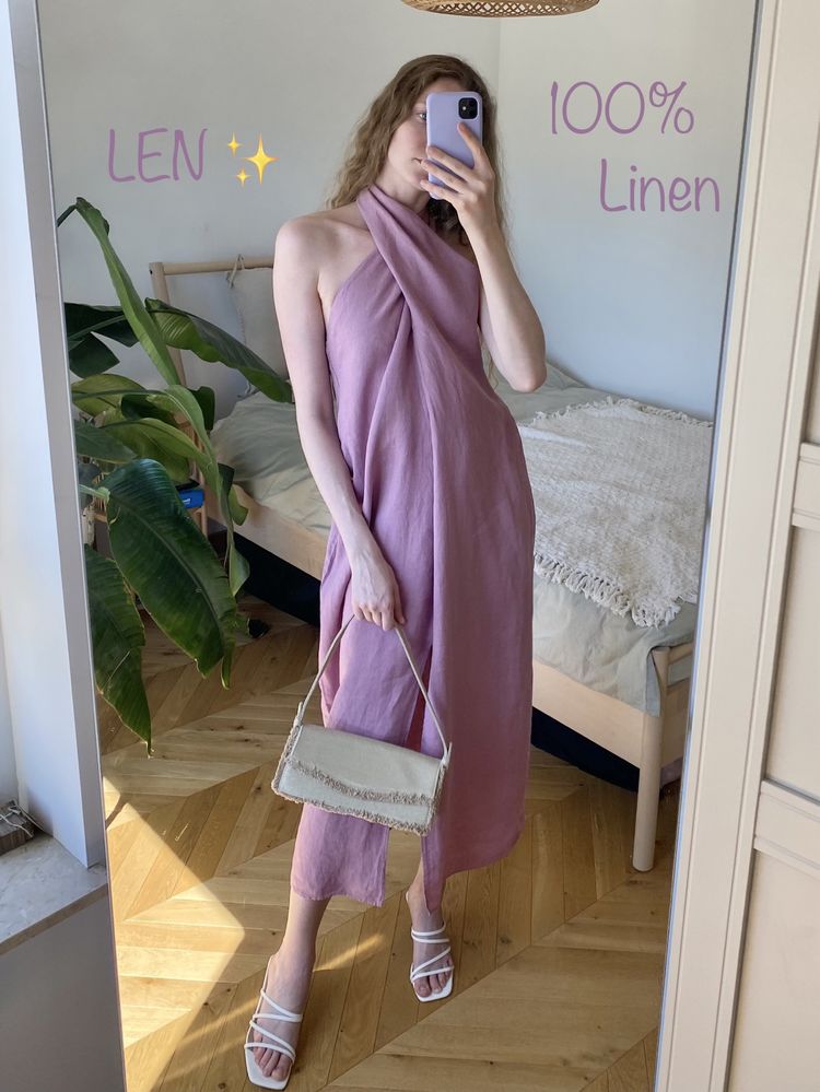 HIT viralowa lniana 100% liliowa sukienka ZARA 36 S dekolt halter