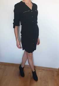 Czarna krótka sukienka szmizjerka złote guziki wiązana  New Look