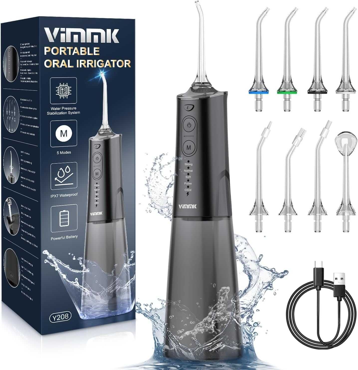 VIMMK Y208 Bezprzewodowy Irygator Do Zębów 5 Trybów 8 Dysz 300ML USB-C