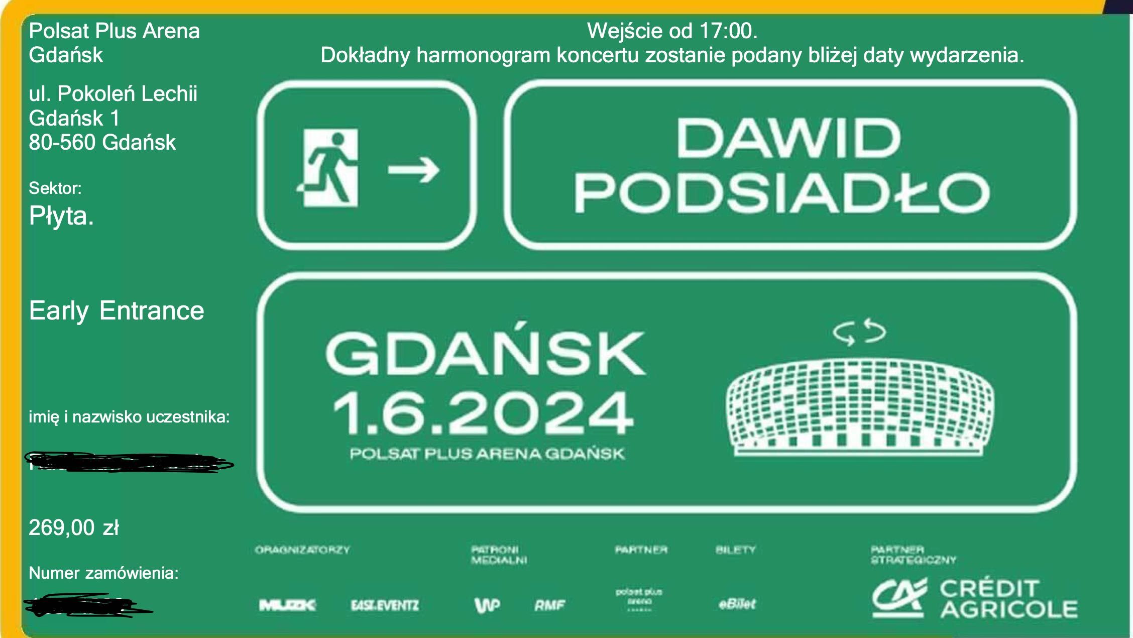 Dawid Podsiadło Gdańsk 1.06.2024 - 5 biletów Early Entrance / płyta