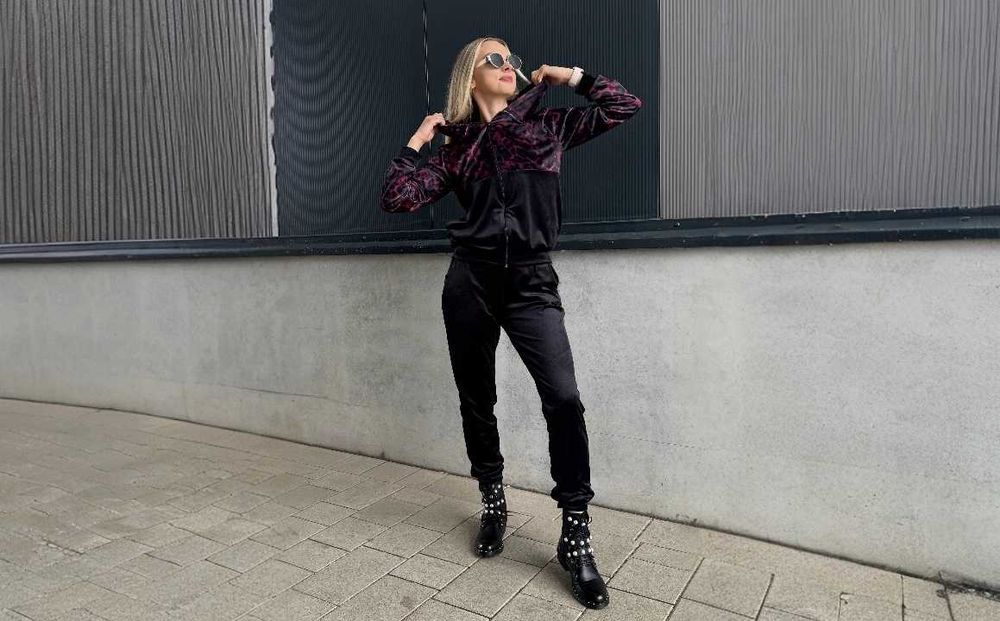 Dresy damskie welurowe w panterkę spodnie + bluza bordowe r.XL wys.24h