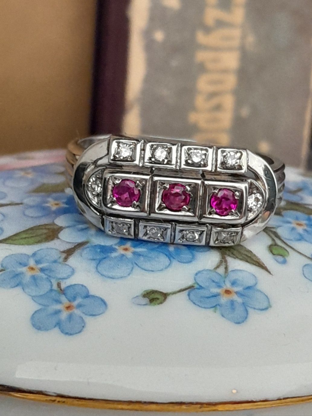 R.16 Pierścionek 4.7g Art Deco Rubiny Diamenty Złoto 585