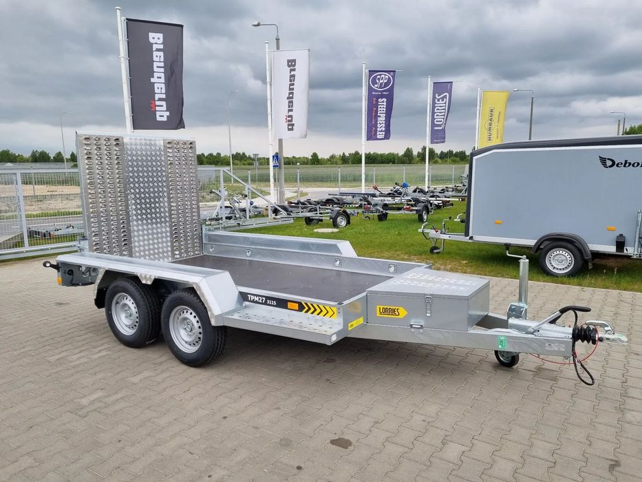 Lorries Przyczepa TPM 27, 303x160 cm 2,7T koparka, bobcat  nowy model, lampy LED, skrzynka narzędziowa, 2 osie x 1350kg
