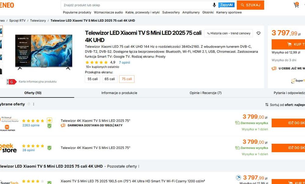 NOWY XIAOMI 144Hz Telewizor TV S Mini 75 cali gwar 2 lata MiniLED 2025