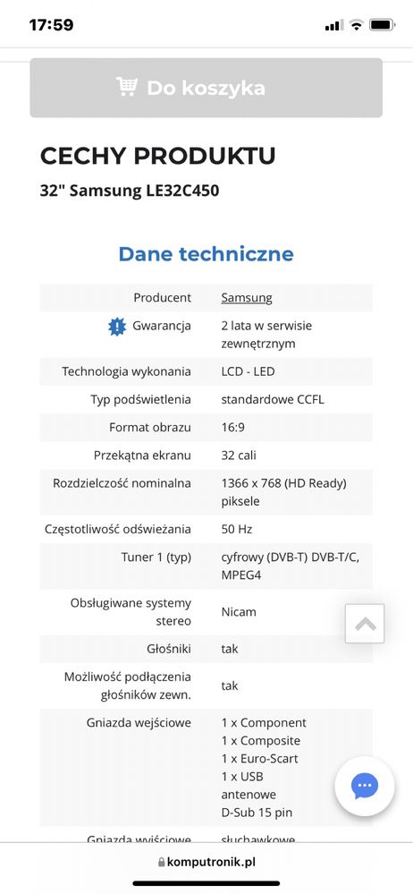 TV Samsung LE32C450E1W 32’’ + kabel, pilot, niespodzianka