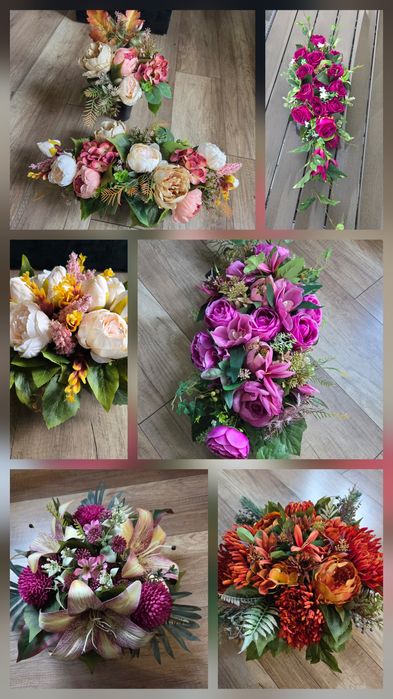 Stroik kompozycja z sztucznych kwiatów na cmentarz grób obciążona