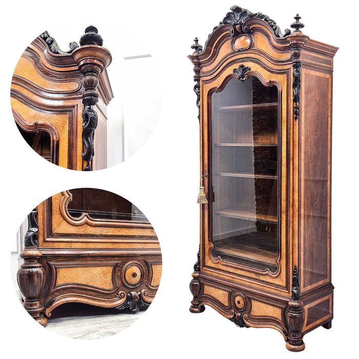 Witryna FRANCUSKA brzozowa rzeźbiona ANTYK lata 30. 4 półki szuflada