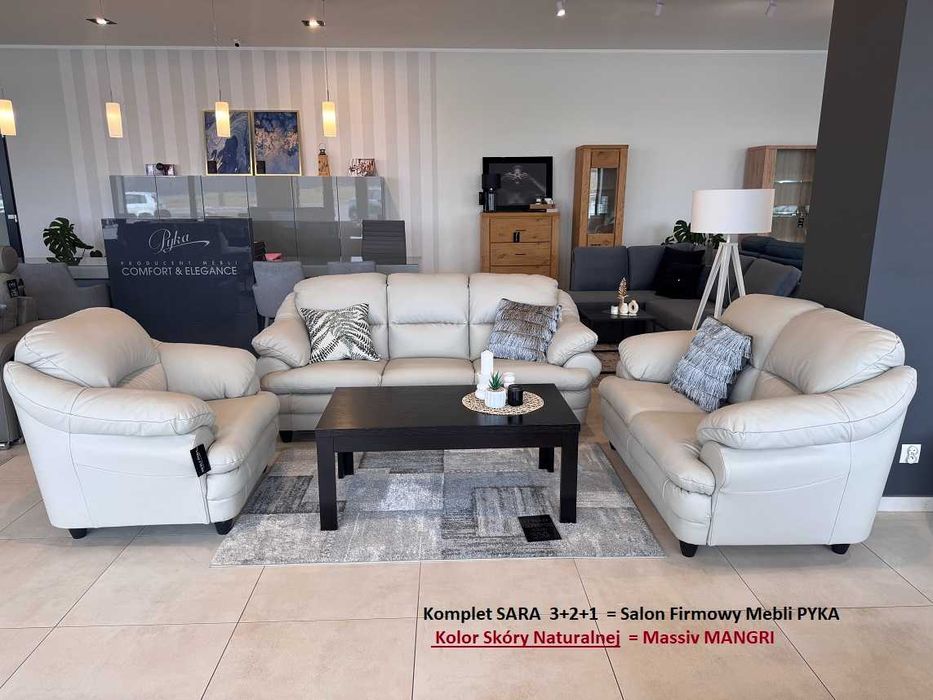 Nowy Komplet 3+2+1 SARA , Skóra Naturalna MASSIV-Jasny Beż MEBLE PYKA