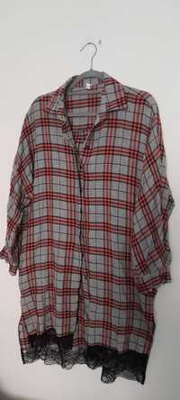 Szara długa koszula, tunika w kratę, z koronką 52, 54