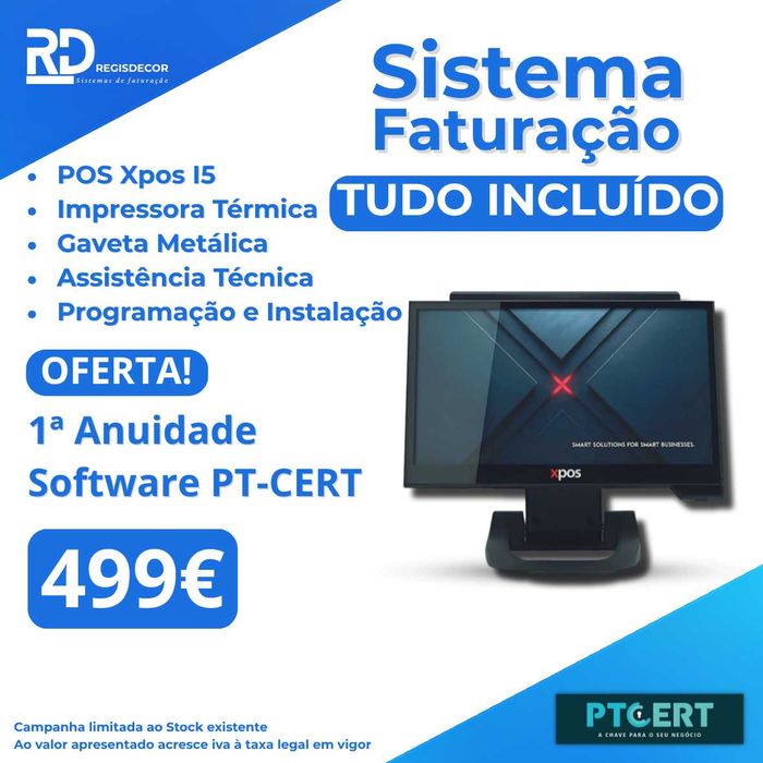 POS Sistema Faturação TUDO INCLUÍDO, XPOS I5, Software PT-CERT, POS