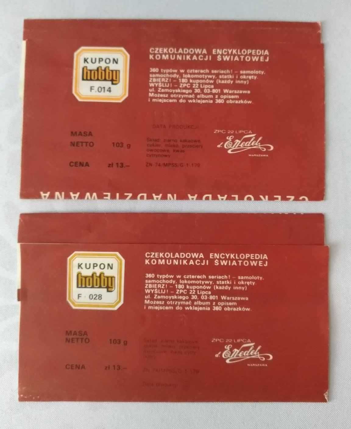 Opakowania po czekoladach Wedel, seria "hobby" PRL