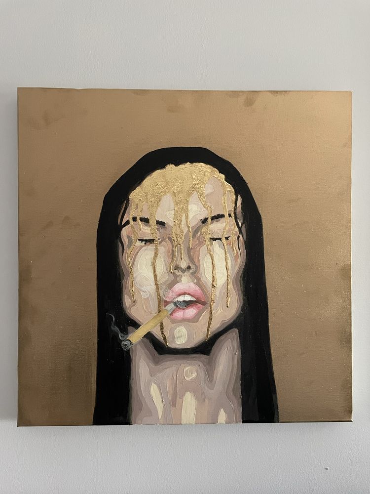 Obraz na płótnie 50x50 złoto, czerń, struktura, twarz, papieros