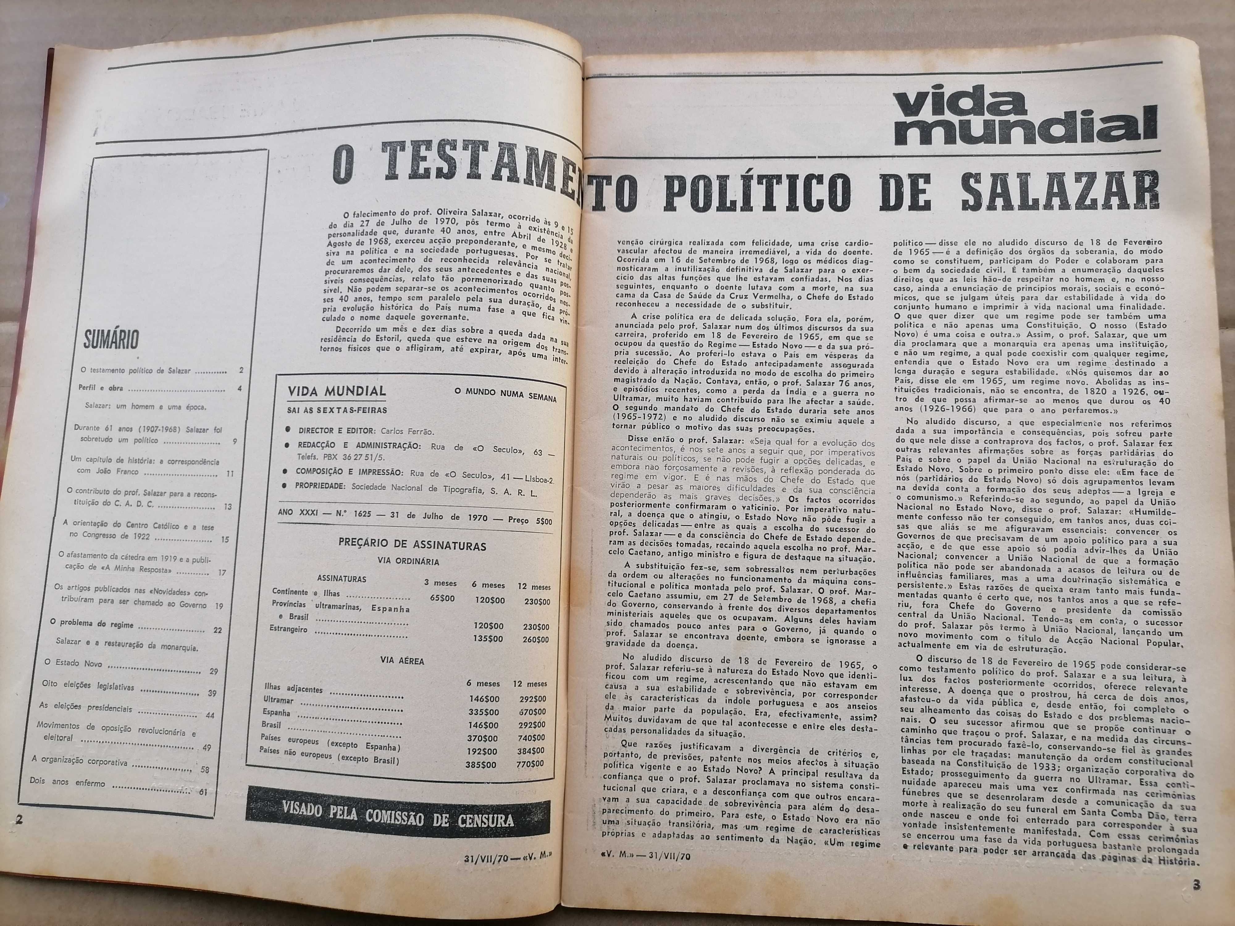 SALAZAR : Um Homem e Uma Época Vida Mundial ESPECIAL 1970 c/64 Páginas