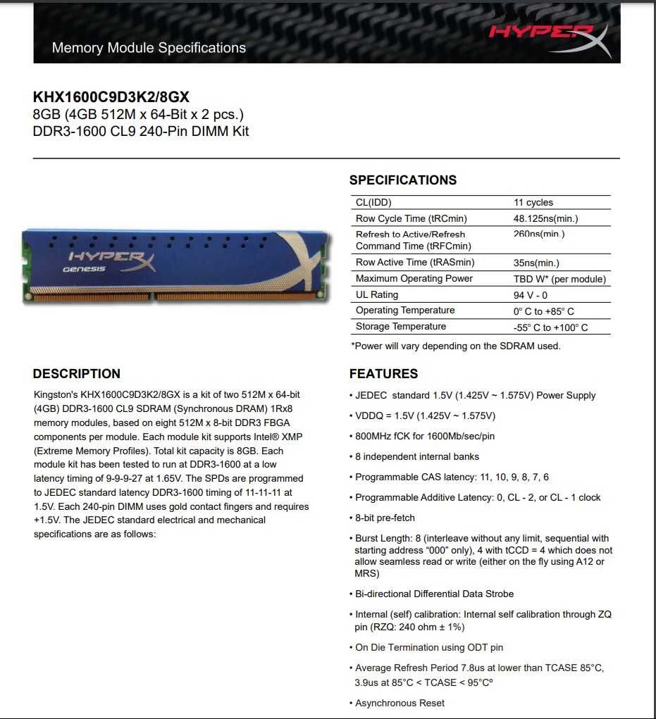 HyperX RAM DDR3 1600Mhz 8Gb (2x4)