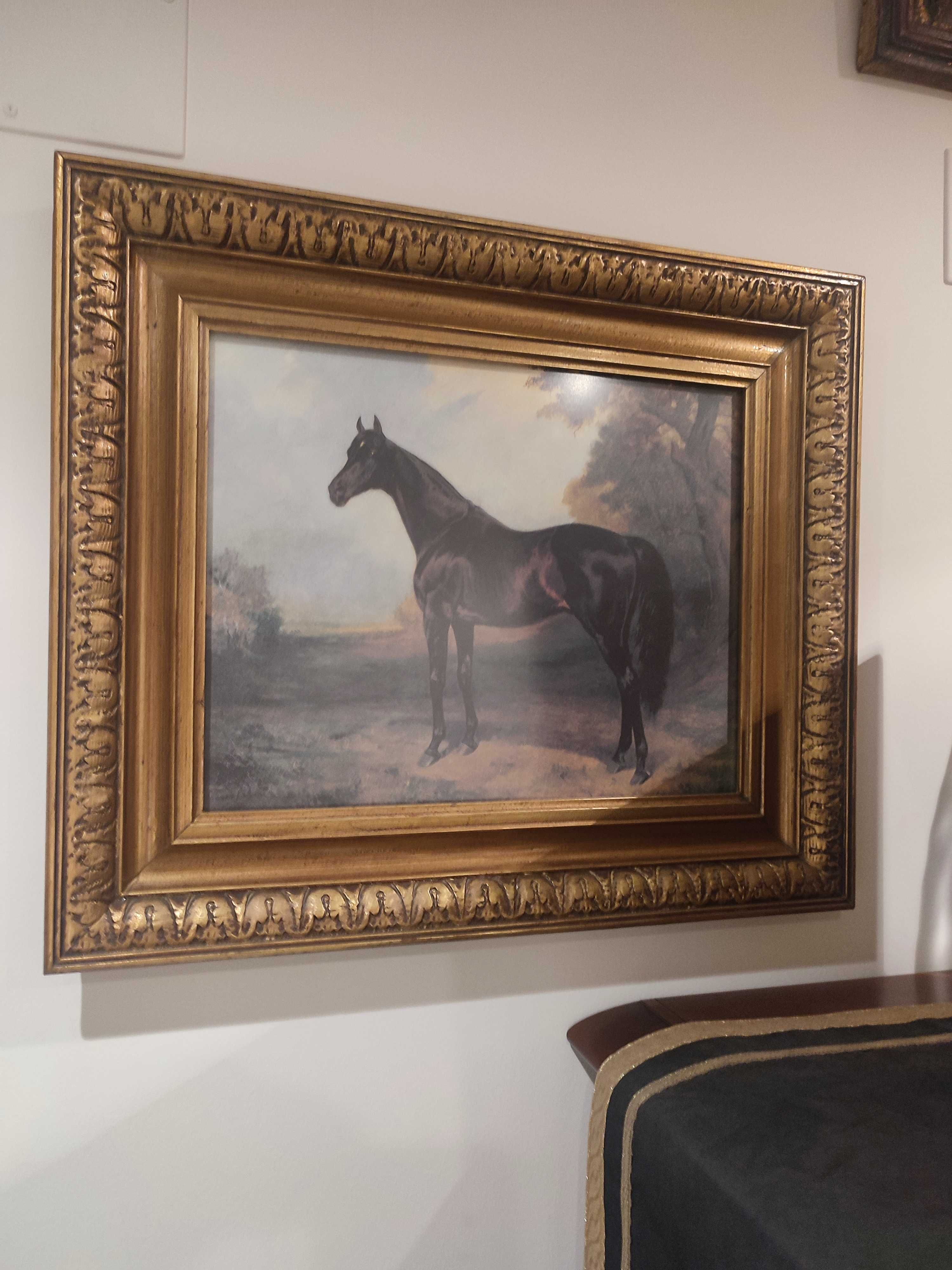 Quadro cavalos - conjunto de dois quadros moldura dourada e gravura