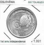 Eslovénia -  500 Tolarjev - 1991 -- 1º Aniv. da Independência -  Moeda