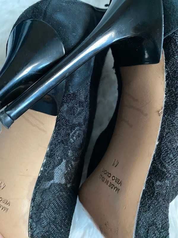 Czarne koronkowe ażurowe szpilki botki peep toe Vero Cuoio rozmiar 41