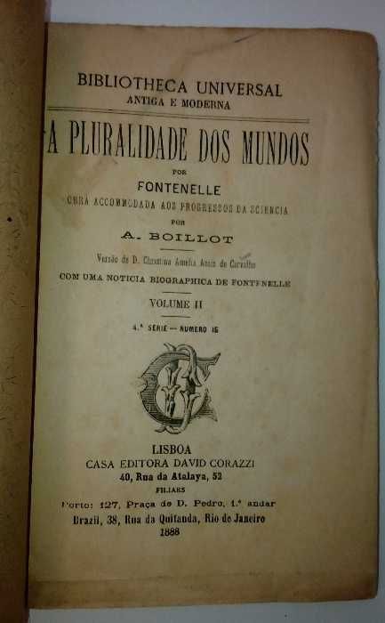 Livro de 1888 - A Pluralidade dos Mundos, por Fontenelle