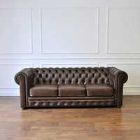 Pikowana sofa chesterfield skórzana 3-osobowa skóra naturalna