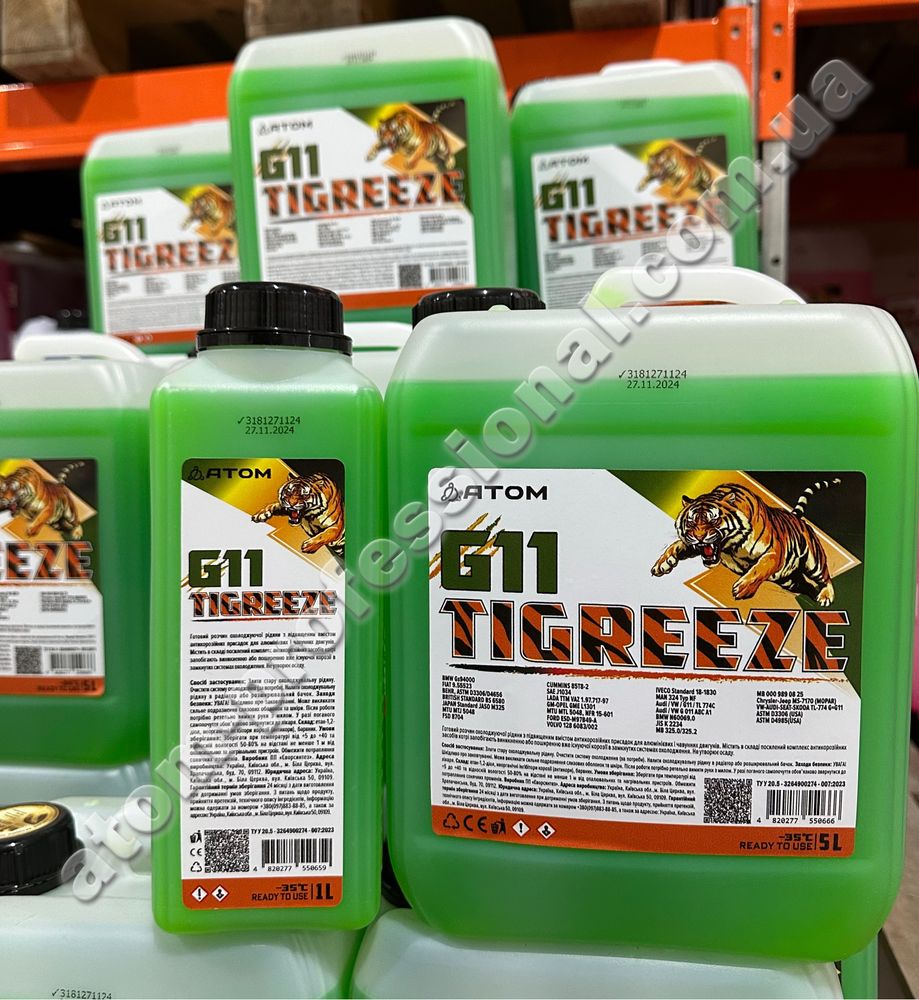 Антифриз, Тосол (ready to use) ATOM “TIGREEZE G11” зелений, 1л