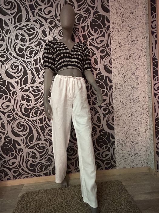 Штани брюки палаццо жіночі білі льон М топ блуза вишиванка