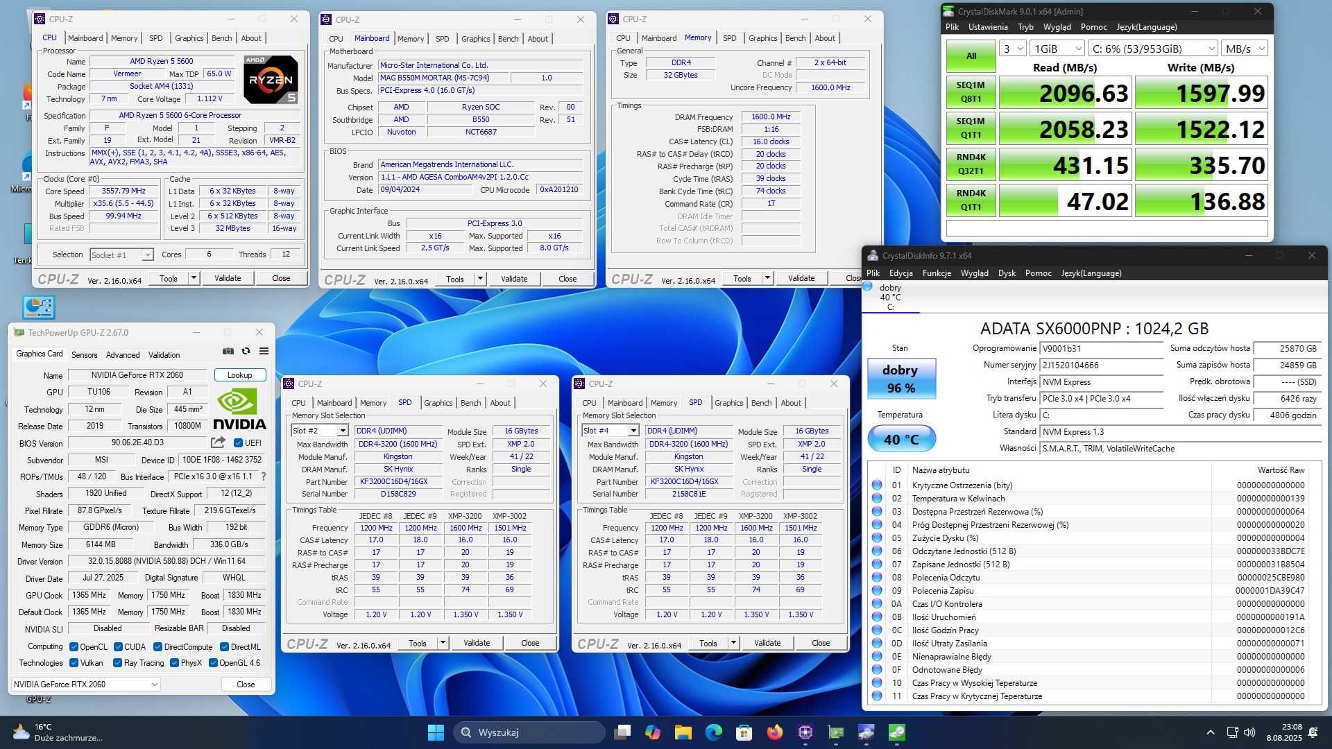 Komputer R5 5600 6x4.4GHz, 32GB DDR4 3200MHz RTX 2060 6GB, 1TB SSD M.2