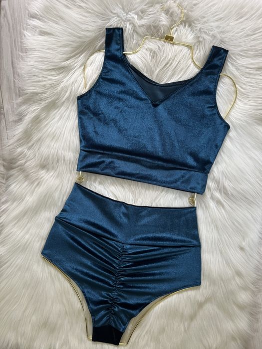 Komplet pole dance kostium strój top twerk high heels welurowy turkus