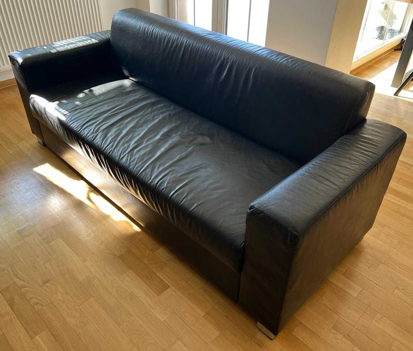 Sofa + 2x Fotel - czarna skóra naturalna - sprężyny - Jakość Premium