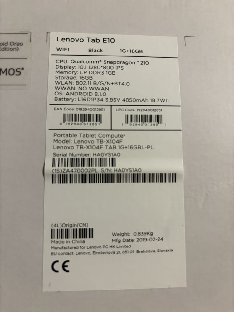 Tablet Lenovo Tab E10