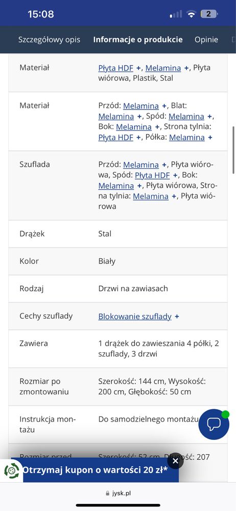 Szafa JYSK ELLESTED 144x200 3 drzwi 2 szuflady biały