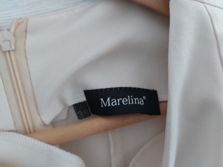 Piękna sukienka Marelina 36 beż na wesele komunię asymetryczna taliowa