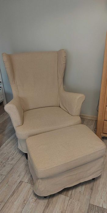 STRANDMON
Fotel/podnóżek, Nordvalla ciemnoszary z beżowym pokrowcem