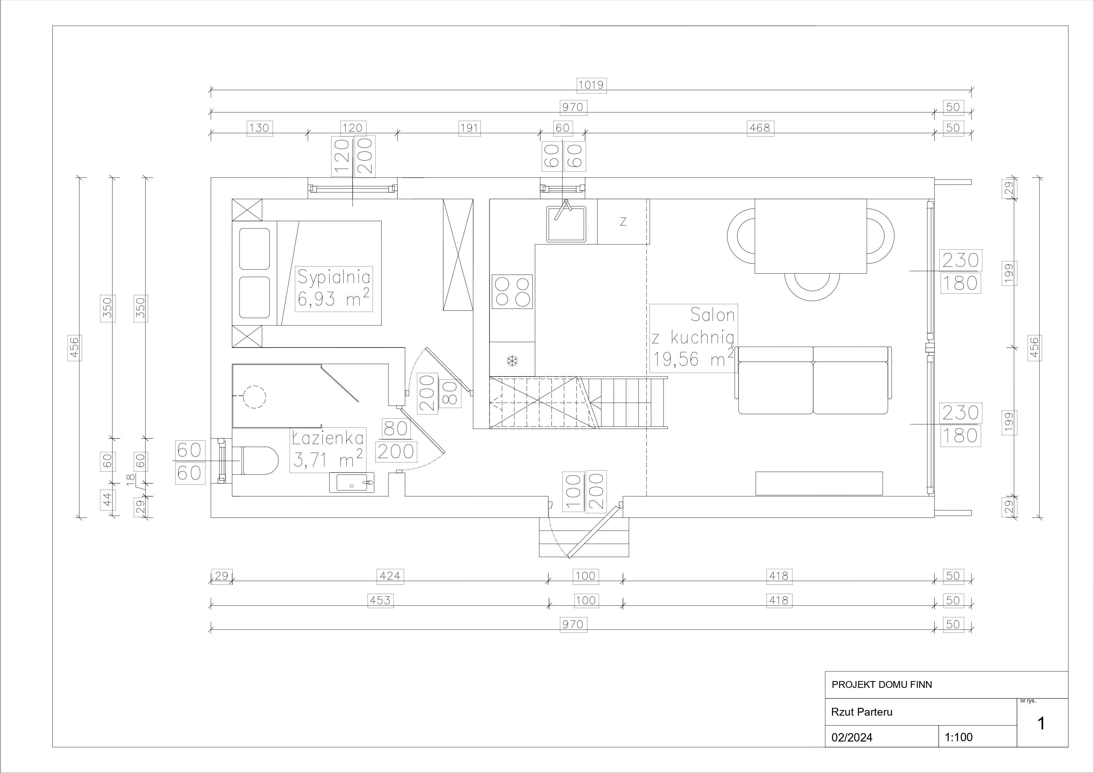 Dom stodoła powierzchnia zabudowy 44,43 m2 + antresola, model FINN