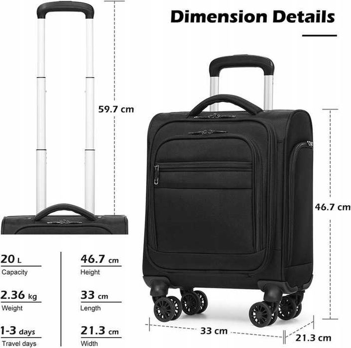 Coolife – Walizka podręczna pod siedzenie, miękka, z USB, 20 L, czarna