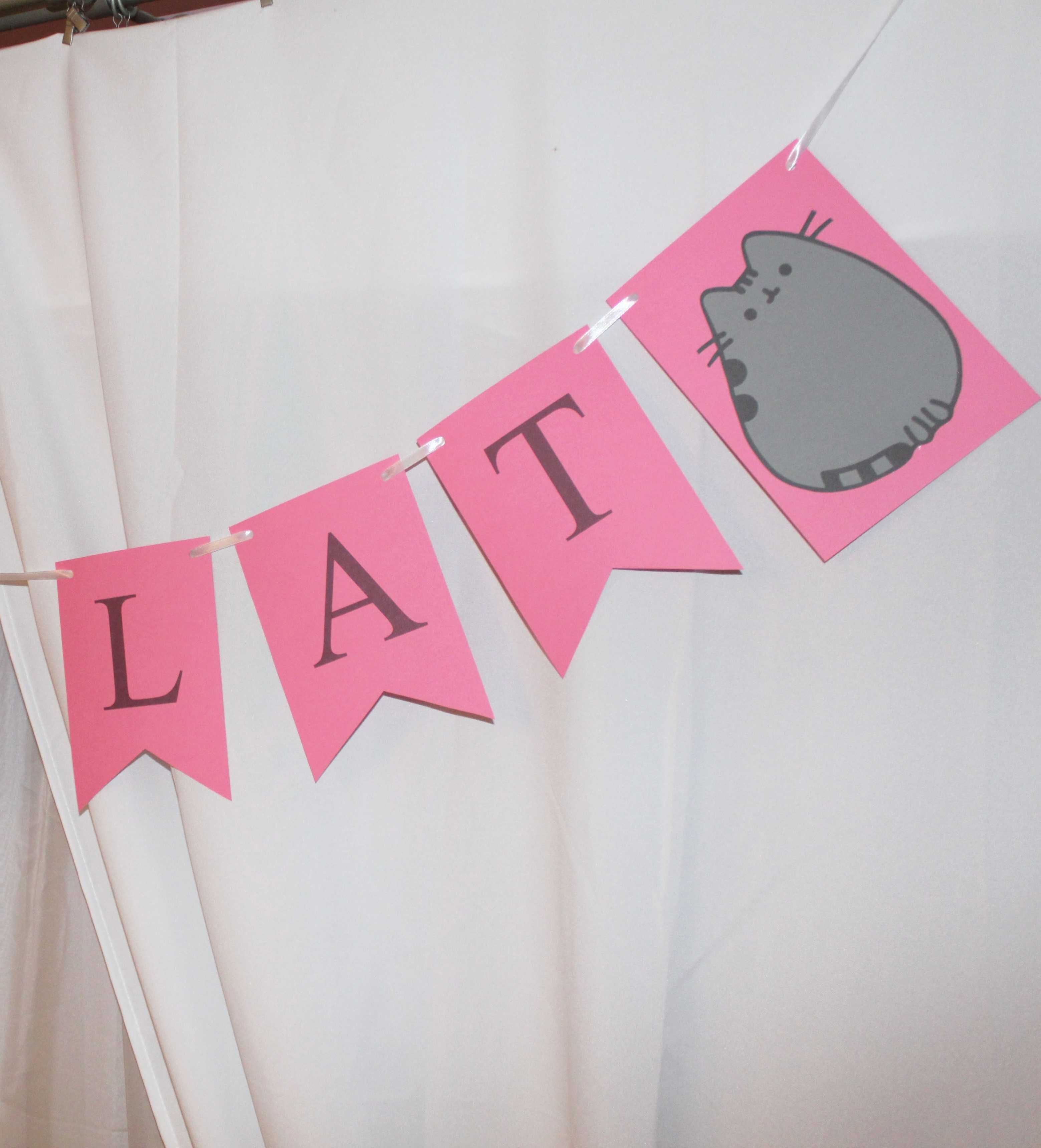 Girlanda na urodziny STO LAT szary kot Pusheen Puszin różowa
