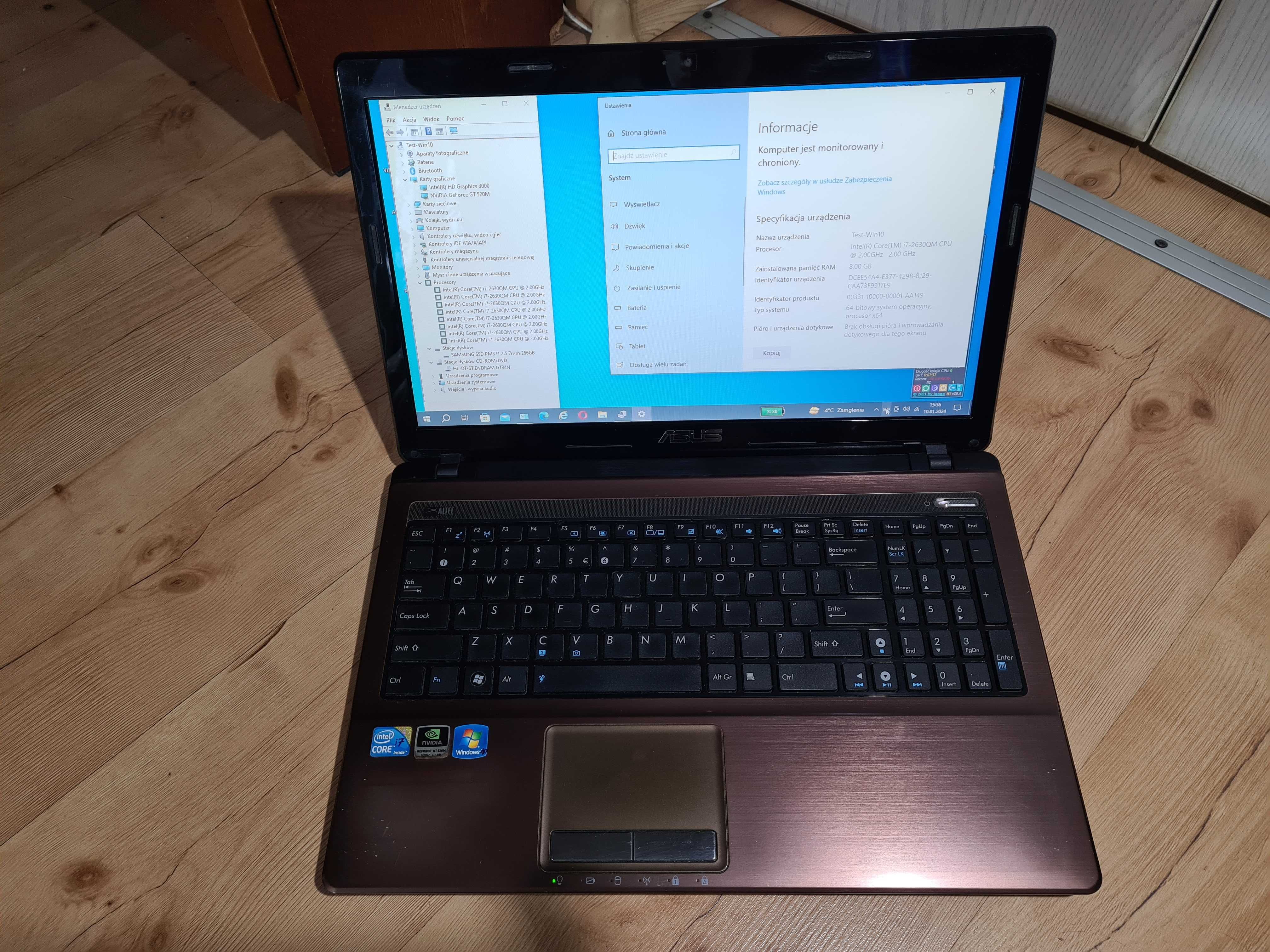 Laptop Asus x53s 15,6 cala  Intel Core i7 ram 8 GB  ssd 256 GB